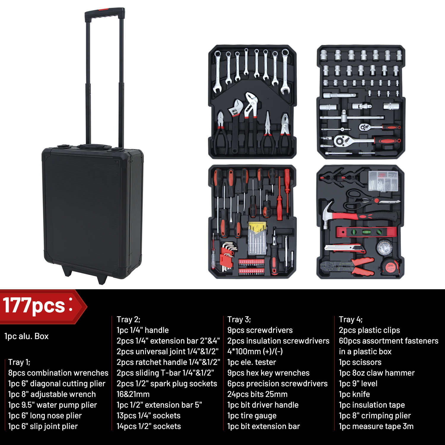 177PCS Multi-Function Tool Kit in aluminum case with 4-tier tray system