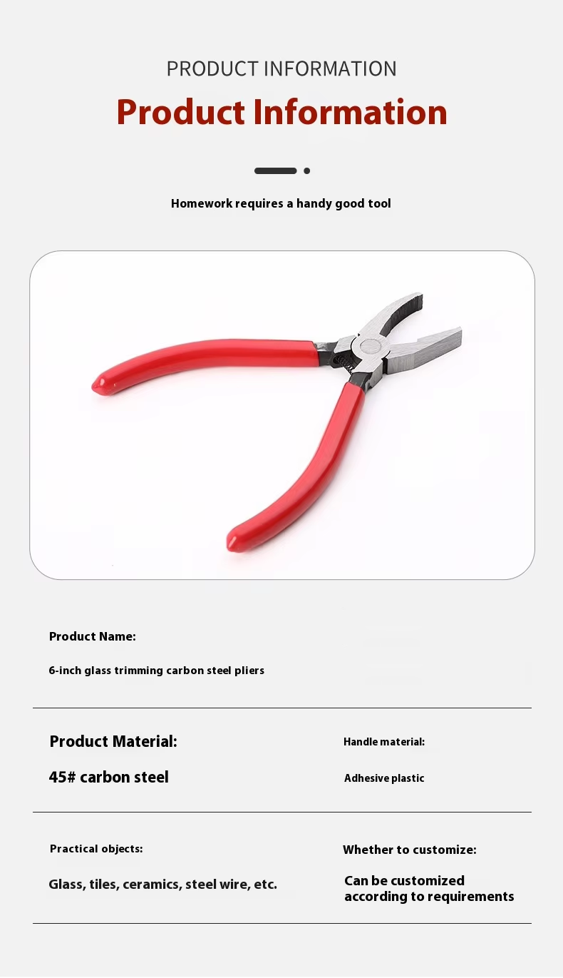 Detailed view of the 6-inch glass cutter pliers highlighting the pressure adjustment screw, spring-loaded mechanism, and protective rubber jaws
